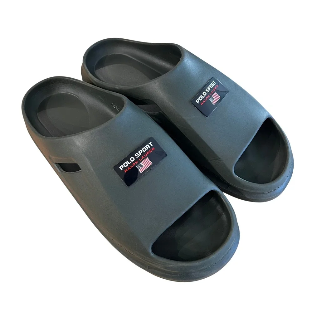 Polo Sport Ralph Lauren Slides Mens 14 Olive Logo Plaque EVA Recovery Sandals